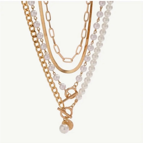 Boho Chic Gold-tone and Faux Pearl Layered 4pc Necklace Set - Picture 3 of 3